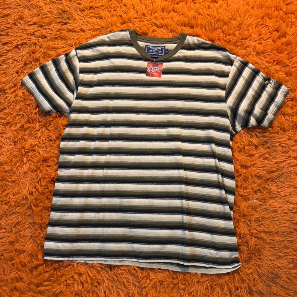 Vintage Polo Sport Ralph Lauren Striped T-Shirt Mens XL Olive Green Lizard Logo